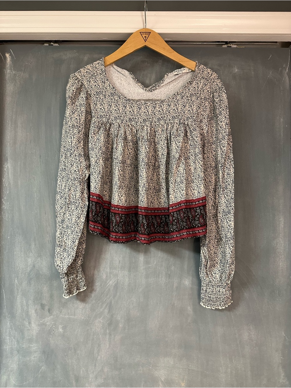 Arizona Jean Company Floral Peasant Blouse in White with Red Trim